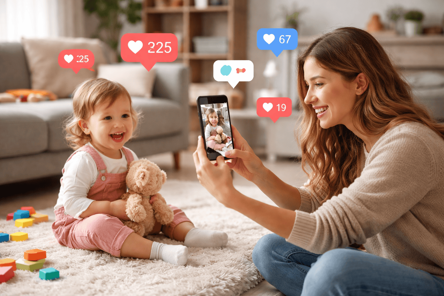 Madre grabando a su hijo con peluche y juguetes en sala de estar. sharenting